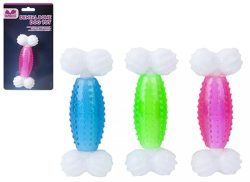 DENTAL BONE DOG TOY NYLON/TPR  3ASSTD COLOURS W/HANGING CARD