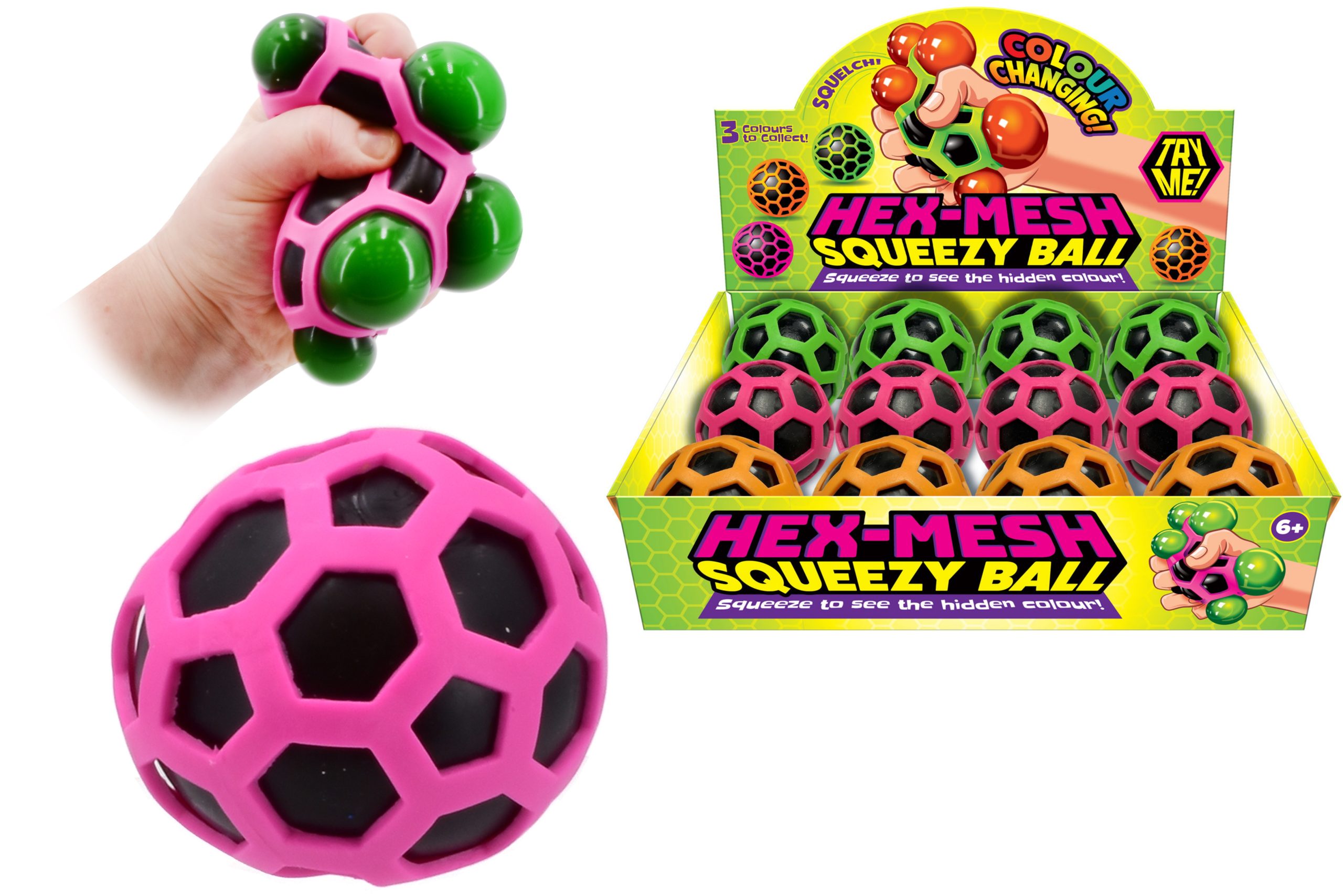 80MM SQUISHY HEX BALLS 3 ASSORTED The Gift Wholesaler