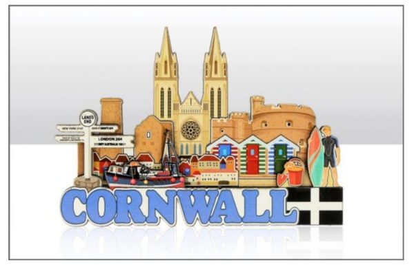 Cornwall and Flag Skyline Layered Wood Magnet