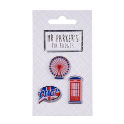 3 pk Pin Badges – London Eye, Postbox, Omg Bubble