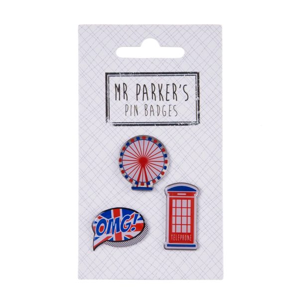3 pk Pin Badges - London Eye, Postbox, Omg Bubble